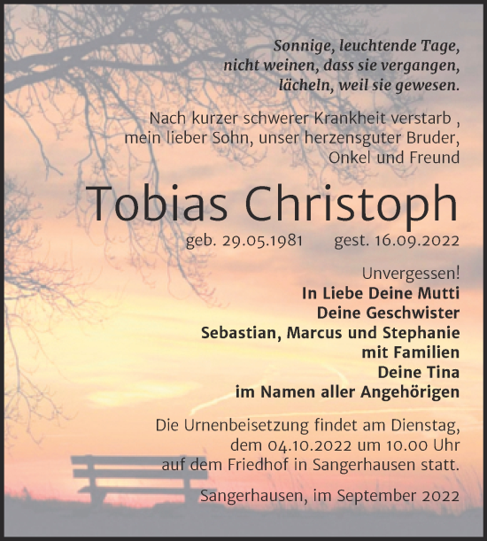 Traueranzeige von Tobias Christoph von Trauerkombi Sangerhausen