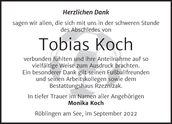 Traueranzeige von Tobias Koch von Trauerkombi Mansfelder Land