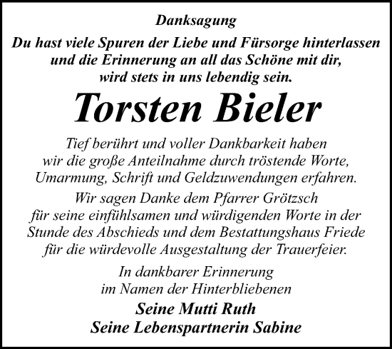Traueranzeige von Torsten Bieler von Trauerkombi Dessau