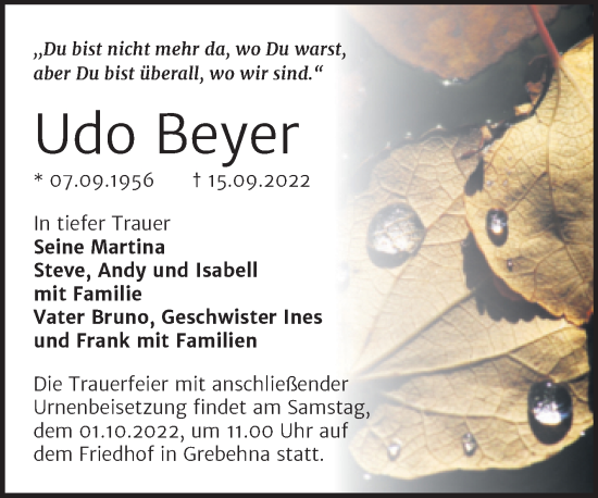 Traueranzeige von Udo Beyer von Mitteldeutsche Zeitung Halle/Saalkreis