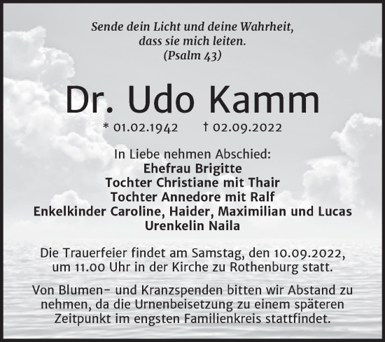 Traueranzeige von Udo Kamm von Mitteldeutsche Zeitung Halle/Saalkreis