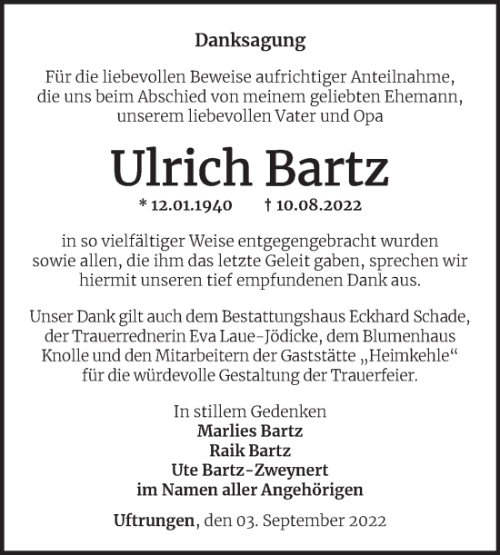 Traueranzeige von Ulrich Bartz von Mitteldeutsche Zeitung Sangerhausen