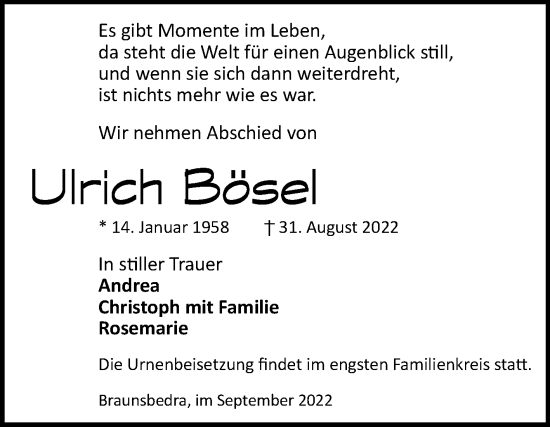 Traueranzeige von Ulrich Bösel von Trauerkombi Merseburg