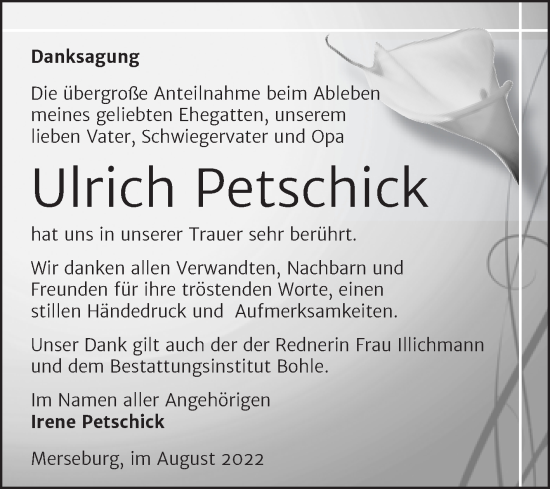 Traueranzeige von Ulrich Petschick von Trauerkombi Merseburg