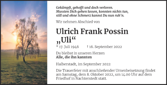 Traueranzeige von Ulrich Frank Possin von Trauerkombi Aschersleben