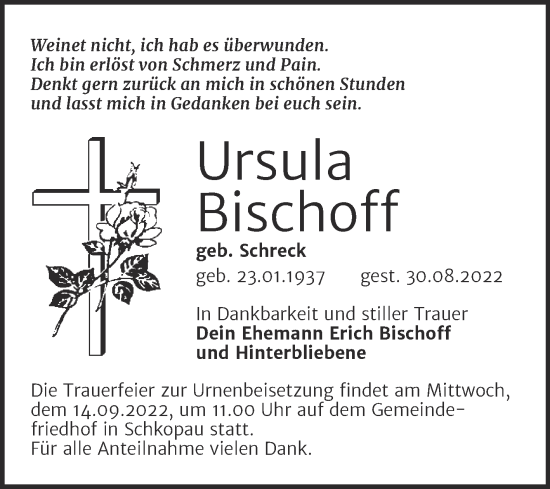 Traueranzeige von Ursula Bischoff von Trauerkombi Merseburg