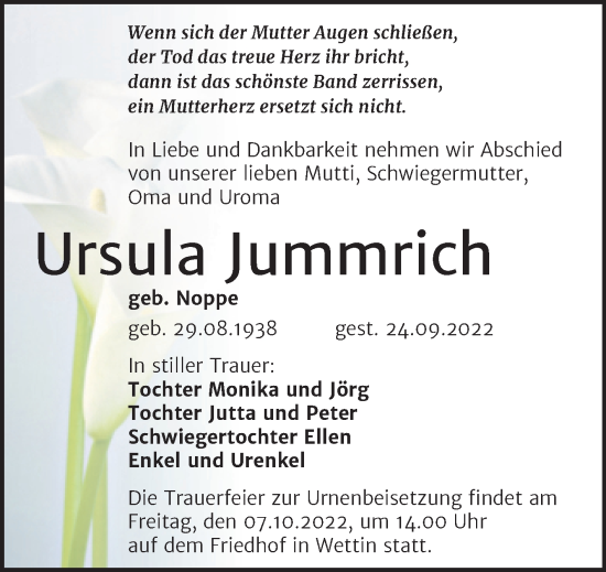Traueranzeige von Ursula Jummrich von Mitteldeutsche Zeitung Halle/Saalkreis
