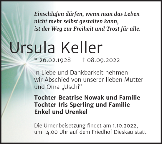 Traueranzeige von Ursula Keller von Mitteldeutsche Zeitung Halle/Saalkreis