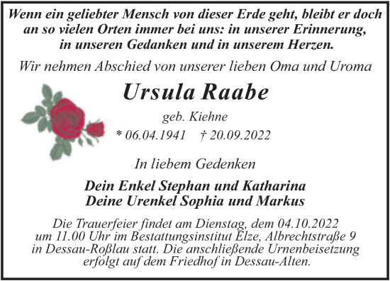 Traueranzeige von Ursula Raabe von Trauerkombi Dessau