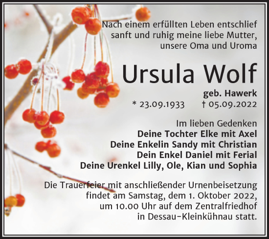 Traueranzeige von Ursula Wolf von Trauerkombi Dessau