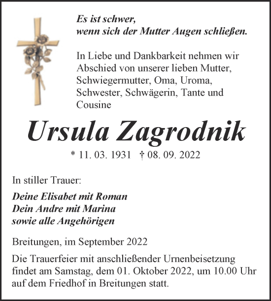 Traueranzeige von Ursula Zagrodnik von Trauerkombi Sangerhausen