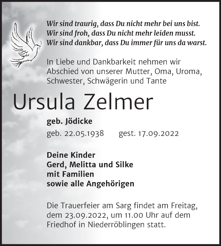  Traueranzeige für Ursula Zelmer vom 22.09.2022 aus Mitteldeutsche Zeitung Sangerhausen