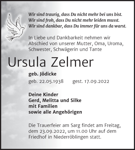 Traueranzeige von Ursula Zelmer von Mitteldeutsche Zeitung Sangerhausen