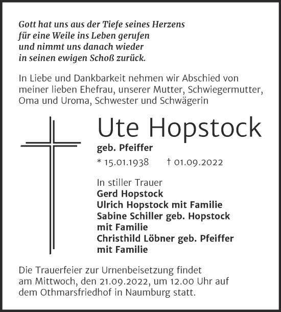 Traueranzeige von Ute Hopstock von Naumburger Tageblatt