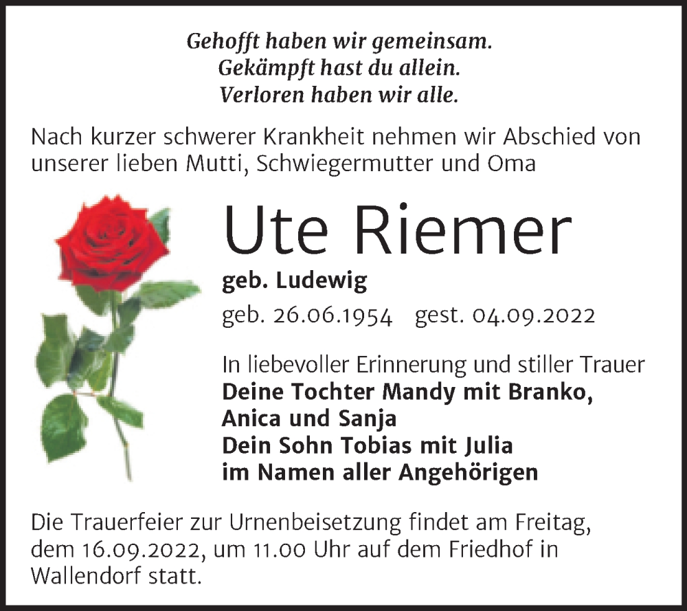  Traueranzeige für Ute Riemer vom 10.09.2022 aus Trauerkombi Merseburg