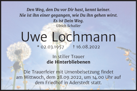 Traueranzeige von Uwe Lochmann von Trauerkombi Bernburg
