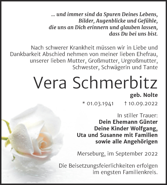 Traueranzeige von Vera Schmerbitz von Trauerkombi Merseburg