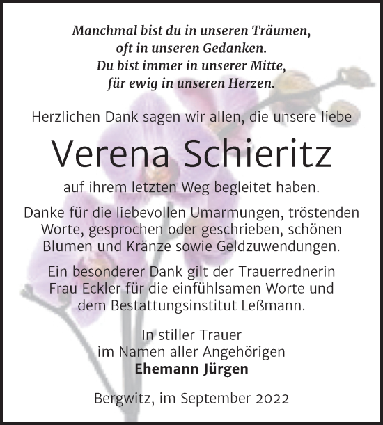 Traueranzeige von Verena Schieritz von Trauerkombi Wittenberg