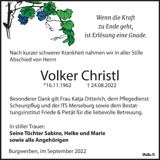 Traueranzeige von Volker Christl von Trauerkombi Weißenfels