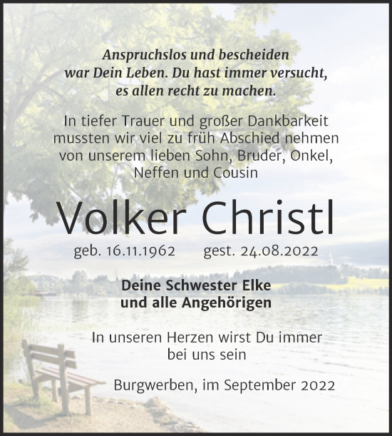 Traueranzeige von Volker Christl von Trauerkombi Weißenfels