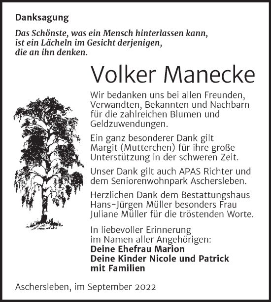 Traueranzeige von Volker Manecke von Trauerkombi Aschersleben