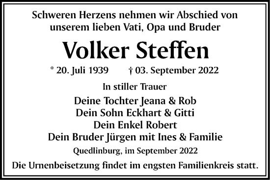 Traueranzeige von Volker Steffen von Trauerkombi Quedlinburg