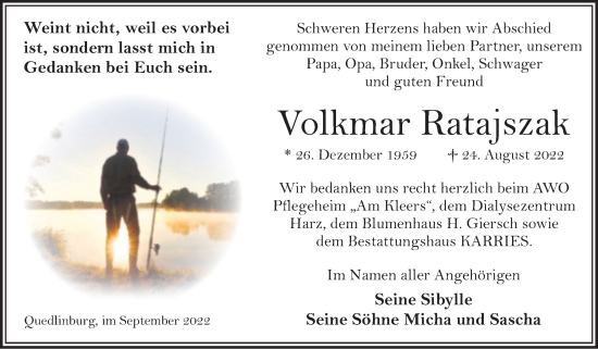 Traueranzeige von Volkmar Ratajszak von Trauerkombi Quedlinburg