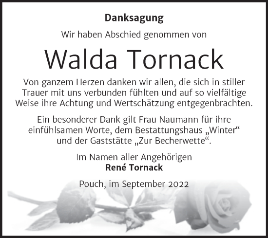 Traueranzeige von Walda Tornack von Trauerkombi Bitterfeld