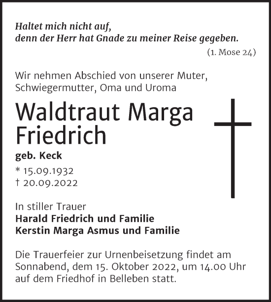 Traueranzeige von Waldtraut Marga Friedrich von Trauerkombi Bernburg