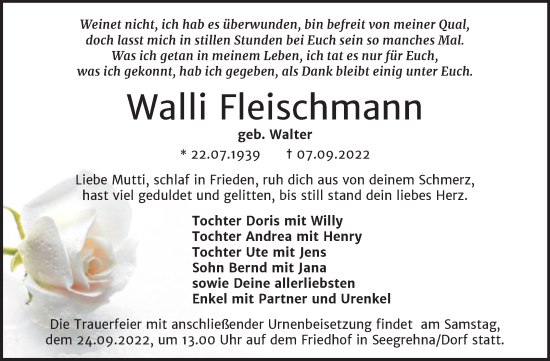 Traueranzeige von Walli Fleischmann von Trauerkombi Wittenberg