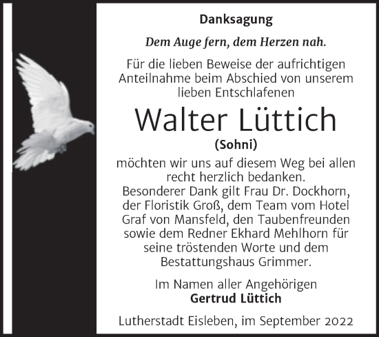 Traueranzeige von Walter Lüttich von Trauerkombi Mansfelder Land