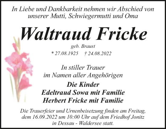 Traueranzeige von Waltraud Fricke von Trauerkombi Dessau