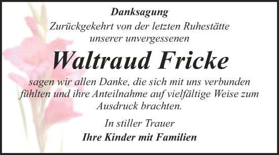 Traueranzeige von Waltraud Fricke von Trauerkombi Dessau