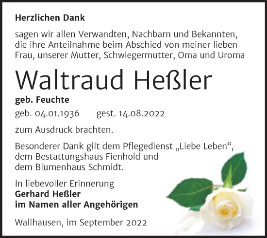 Traueranzeige von Waltraud Heßler von Mitteldeutsche Zeitung Sangerhausen