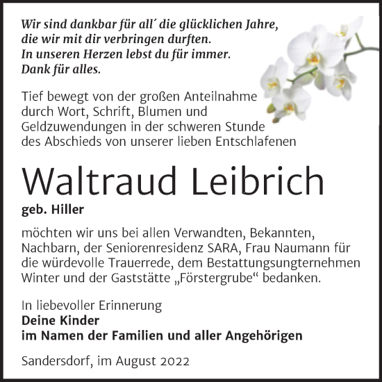Traueranzeige von Waltraud Leibrich von Trauerkombi Bitterfeld