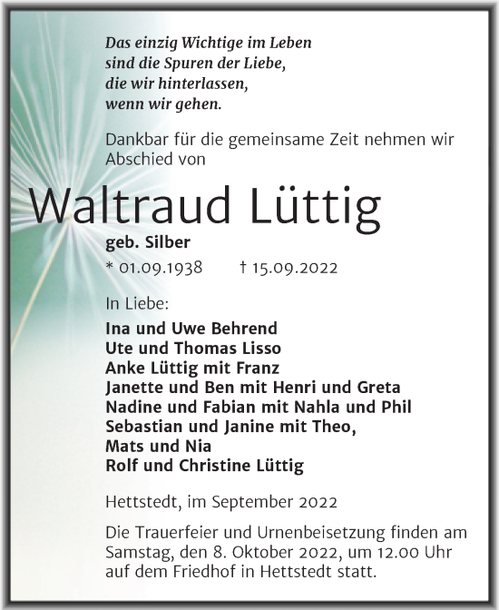 Traueranzeige von Waltraud Lüttig von Trauerkombi Mansfelder Land