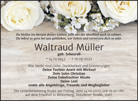 Traueranzeige von Waltraud Müller von Trauerkombi Wittenberg