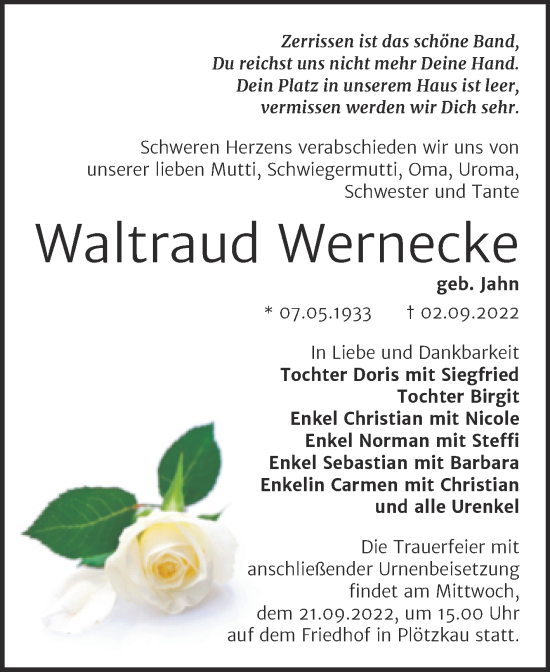Traueranzeige von Waltraud Wernecke von Trauerkombi Bernburg