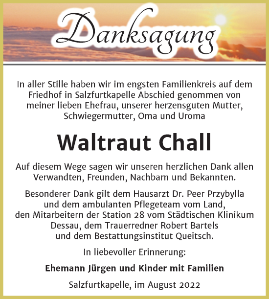 Traueranzeige von Waltraut Chall von Trauerkombi Bitterfeld