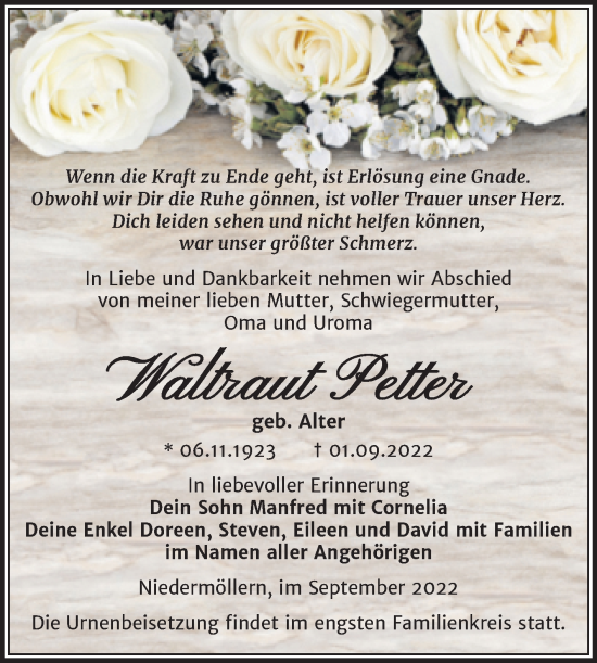 Traueranzeige von Waltraut Petter von Naumburger Tageblatt