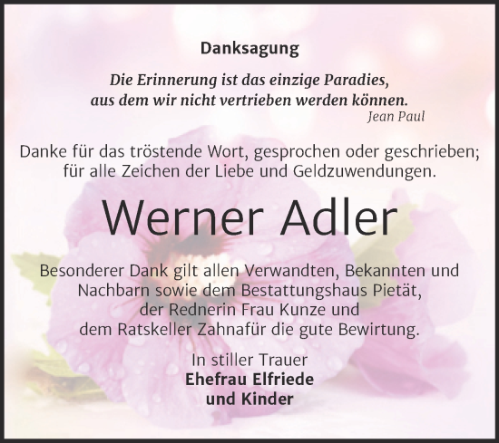 Traueranzeige von Werner Adler von Trauerkombi Wittenberg