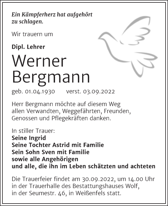 Traueranzeige von Werner Bergmann von Trauerkombi Weißenfels
