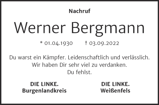 Traueranzeige von Werner Bergmann von Mitteldeutsche Zeitung Weißenfels