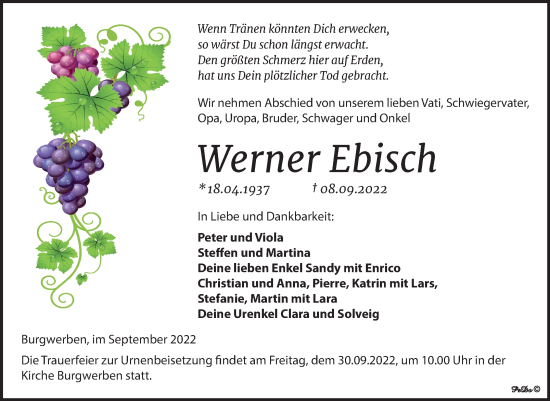 Traueranzeige von Werner Ebisch von Trauerkombi Weißenfels