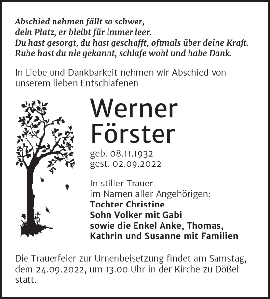 Traueranzeige von Werner Förster von Mitteldeutsche Zeitung Halle/Saalkreis