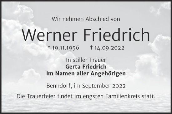 Traueranzeige von Werner Friedrich von Mitteldeutsche Zeitung Mansfelder Land