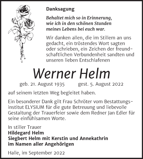 Traueranzeige von Werner Helm von Trauerkombi Weißenfels