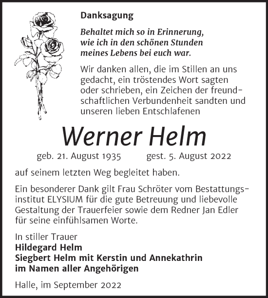 Traueranzeige von Werner Helm von Mitteldeutsche Zeitung Halle/Saalkreis