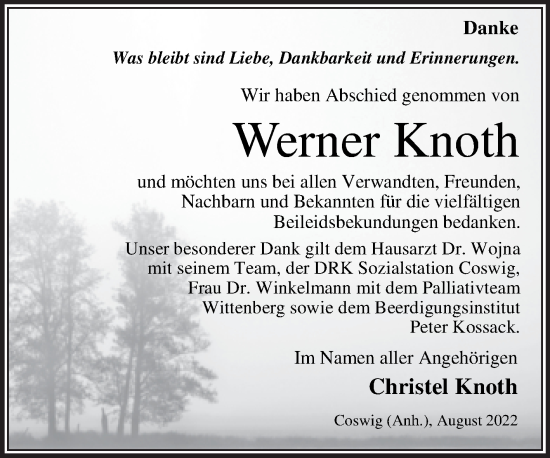 Traueranzeige von Werner Knoth von Trauerkombi Wittenberg