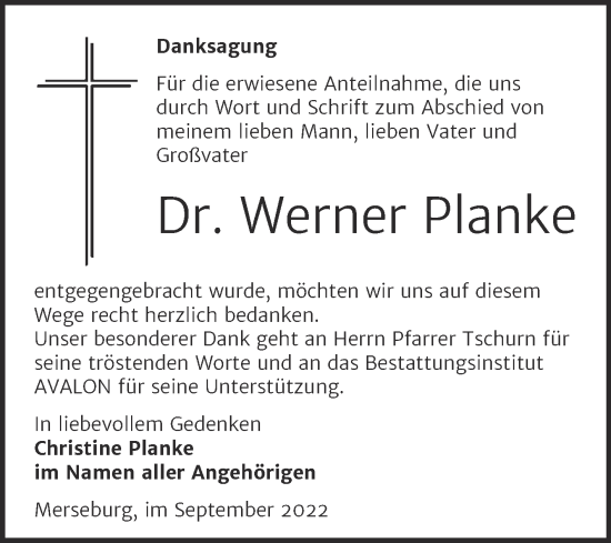 Traueranzeige von Werner Planke von Trauerkombi Merseburg